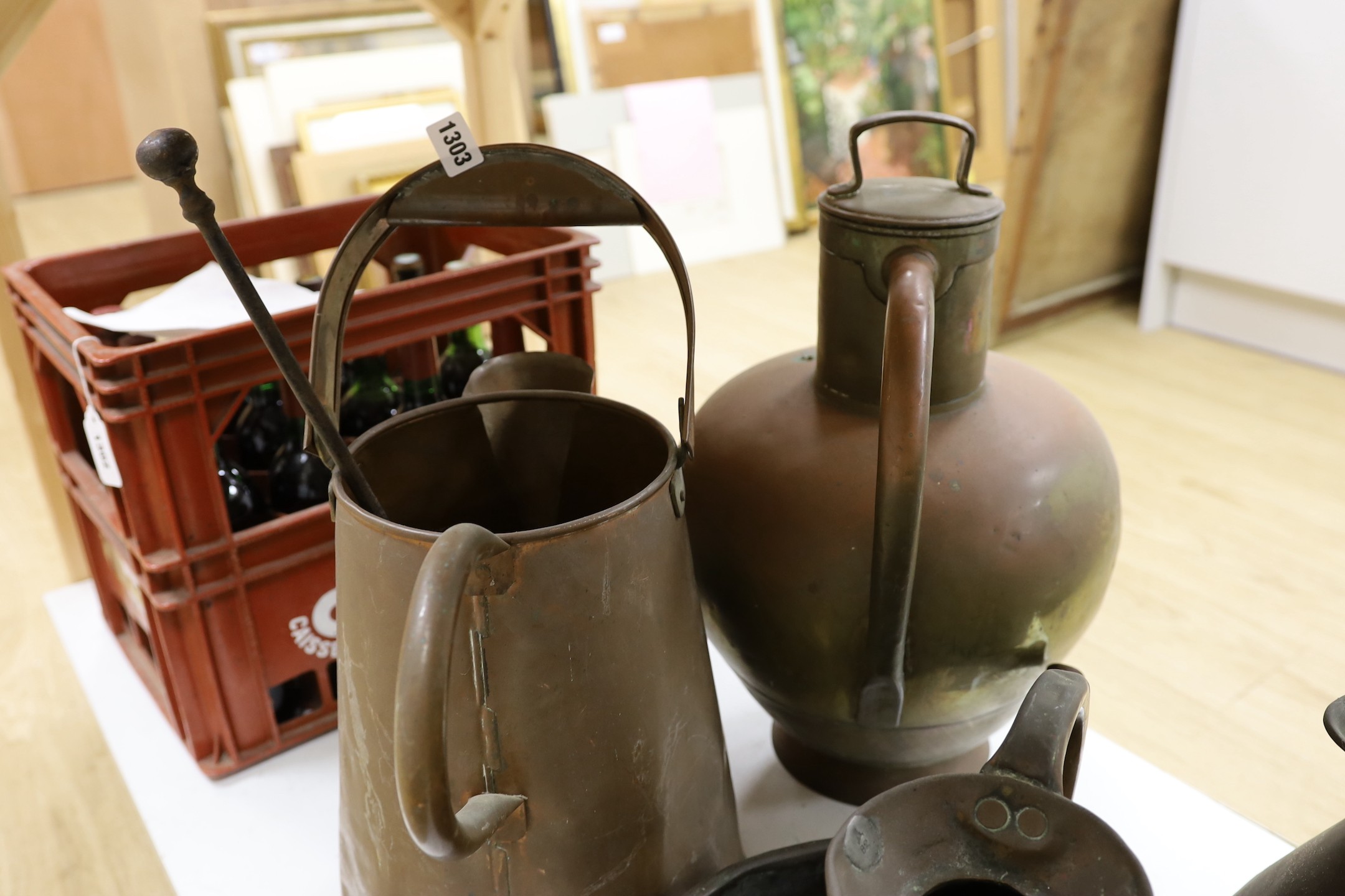 A selection of copper-wares, to include haystack measures